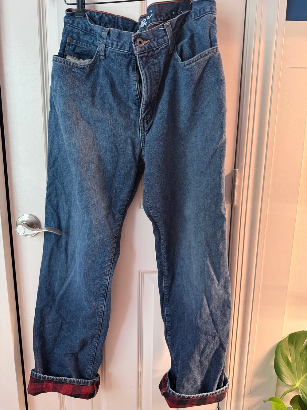 Eddie Bauer Relaxed Medium Blue Jeans with Red Plaid Cuff